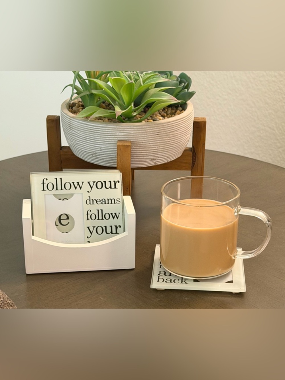 Picture Frame Coasters Set w/ Ssayings, Pockets For Pictures & Wooden Holder